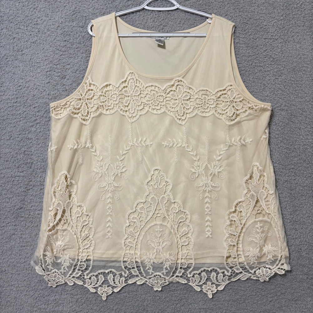 Lace Mesh Overlay Sleeveless Tank Top 3X Casual Brunch Feminine Floral Crochet